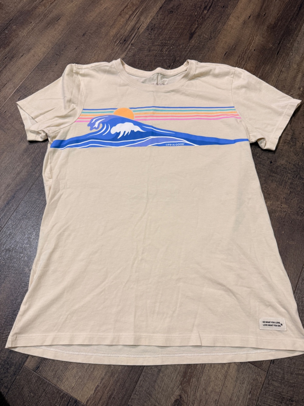 Life Is Good Cream Short Sleeve Tee with Blue Wave and Sunset Stripe Graphic